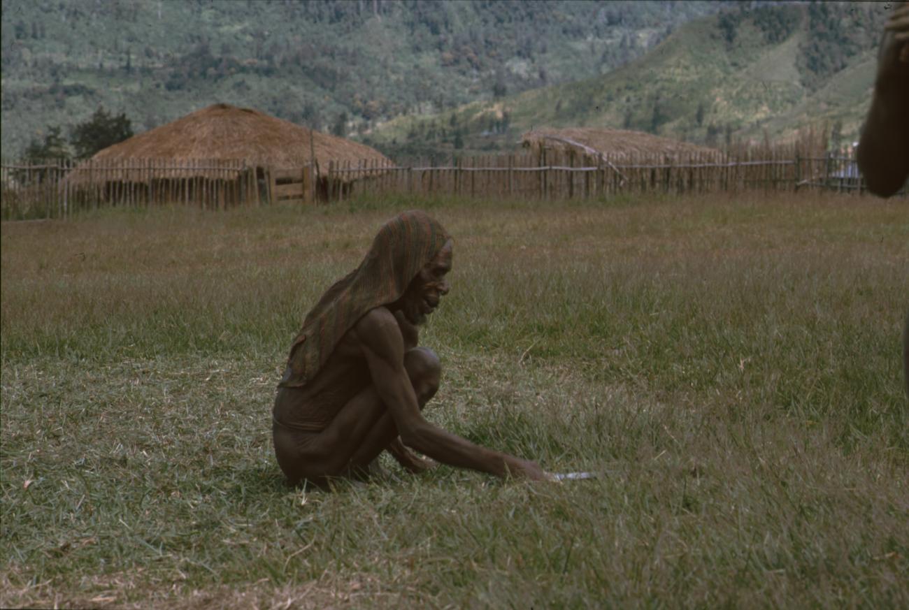 BD/166/377 - 
Papua man is cutting his grass in a squating position
