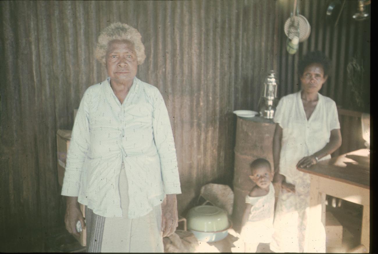 BD/144/84 - 
Groepsfoto twee vrouwen en kind in hut
