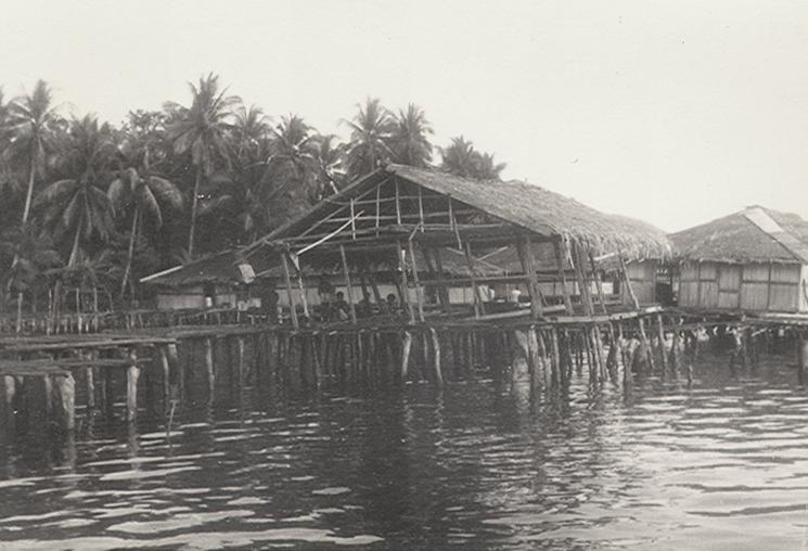 BD/256/150 - 
Rieten gebouwen op palen in het water
