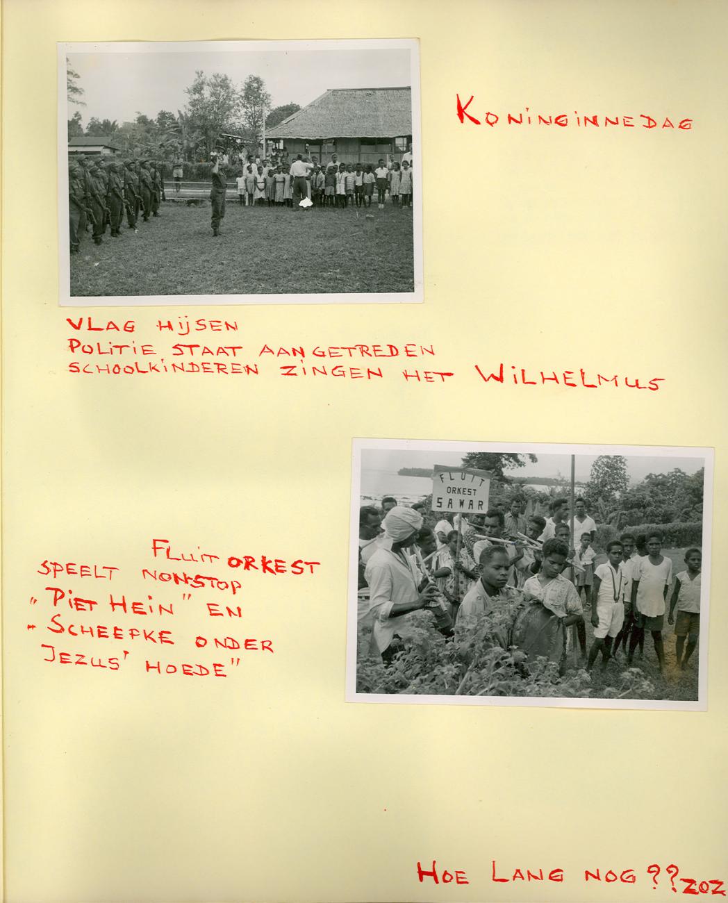 BD/83/25 - 
Koninginnedagviering in Sarmi, met politiesaluut, schoolkoortje en fluitorkest Sawar
