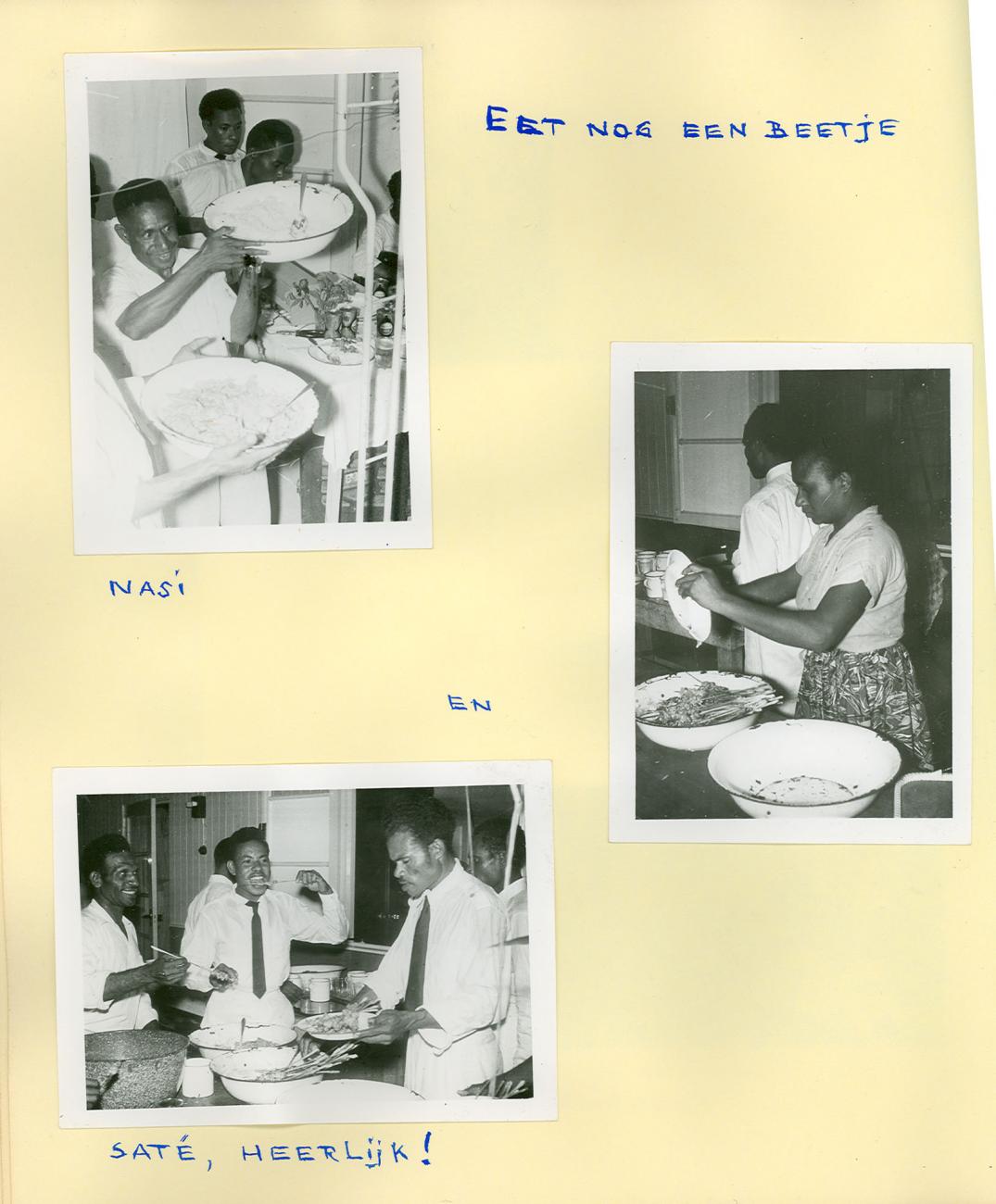 BD/83/34 - 
De avondmaaltijd in het onder bestuur gebrachte Sarmi: nasi en sate
