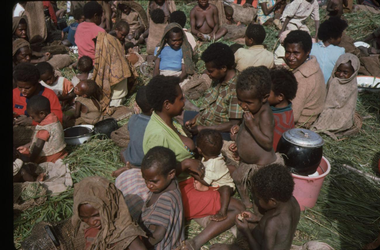 BD/132/249 - 
vrouwen en kinderen met pannen en draagnetten in het gras
