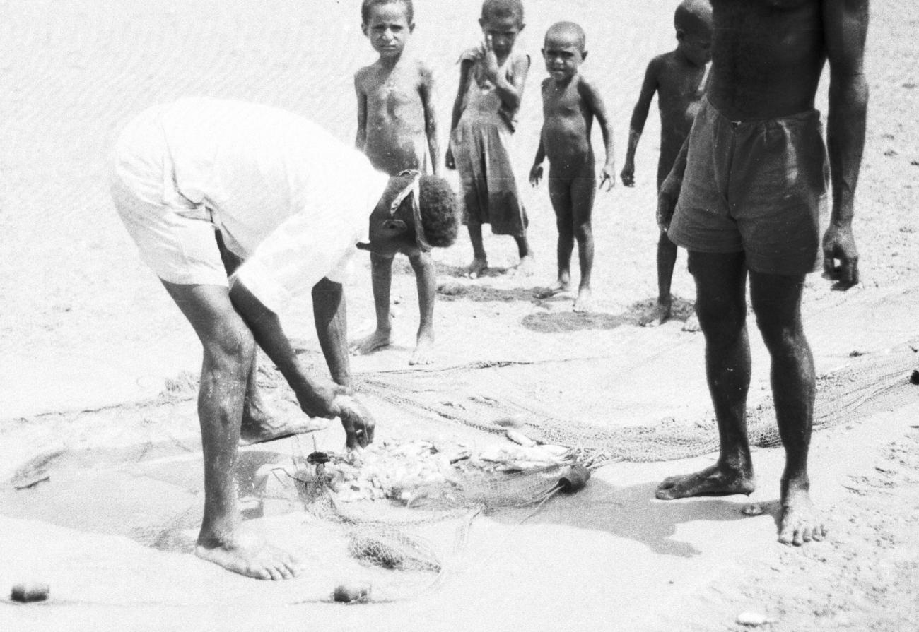 BD/133/1028 - 
Papoea-mannen en kinderen met een net ingehaald visnet

