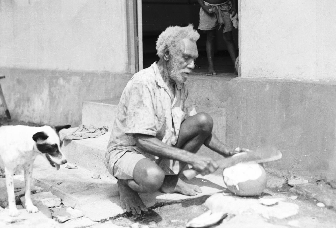 BD/133/1164 - 
Papoea-man opent een kokosnoot onder toezien van een hond

