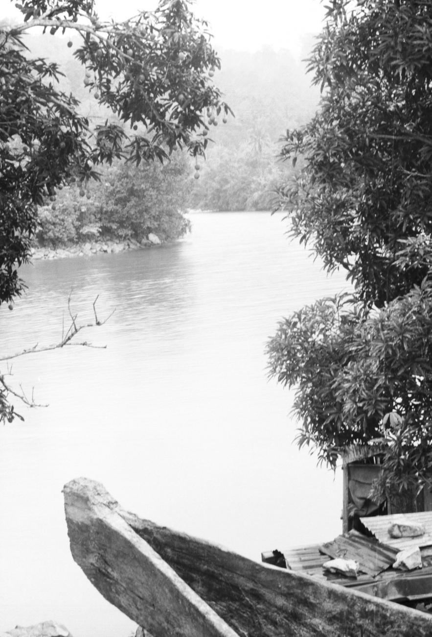BD/133/1165 - 
Zicht op rivier met op de voorgrond de voorsteven van een prauw
