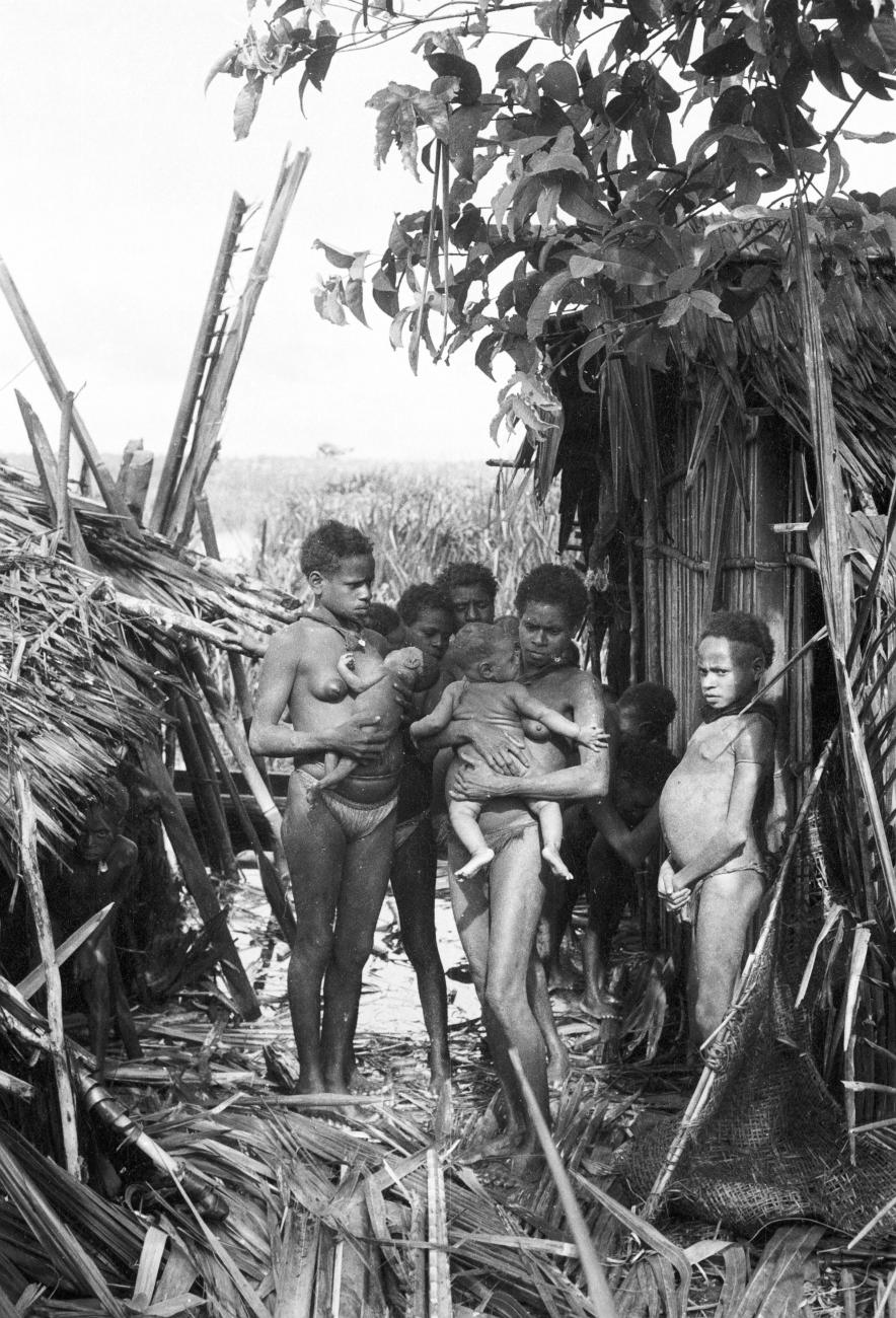 BD/133/292 - 
Tocht Merauke-Kepi-Cook: Vrouwen met kinderen tussen de hutten
