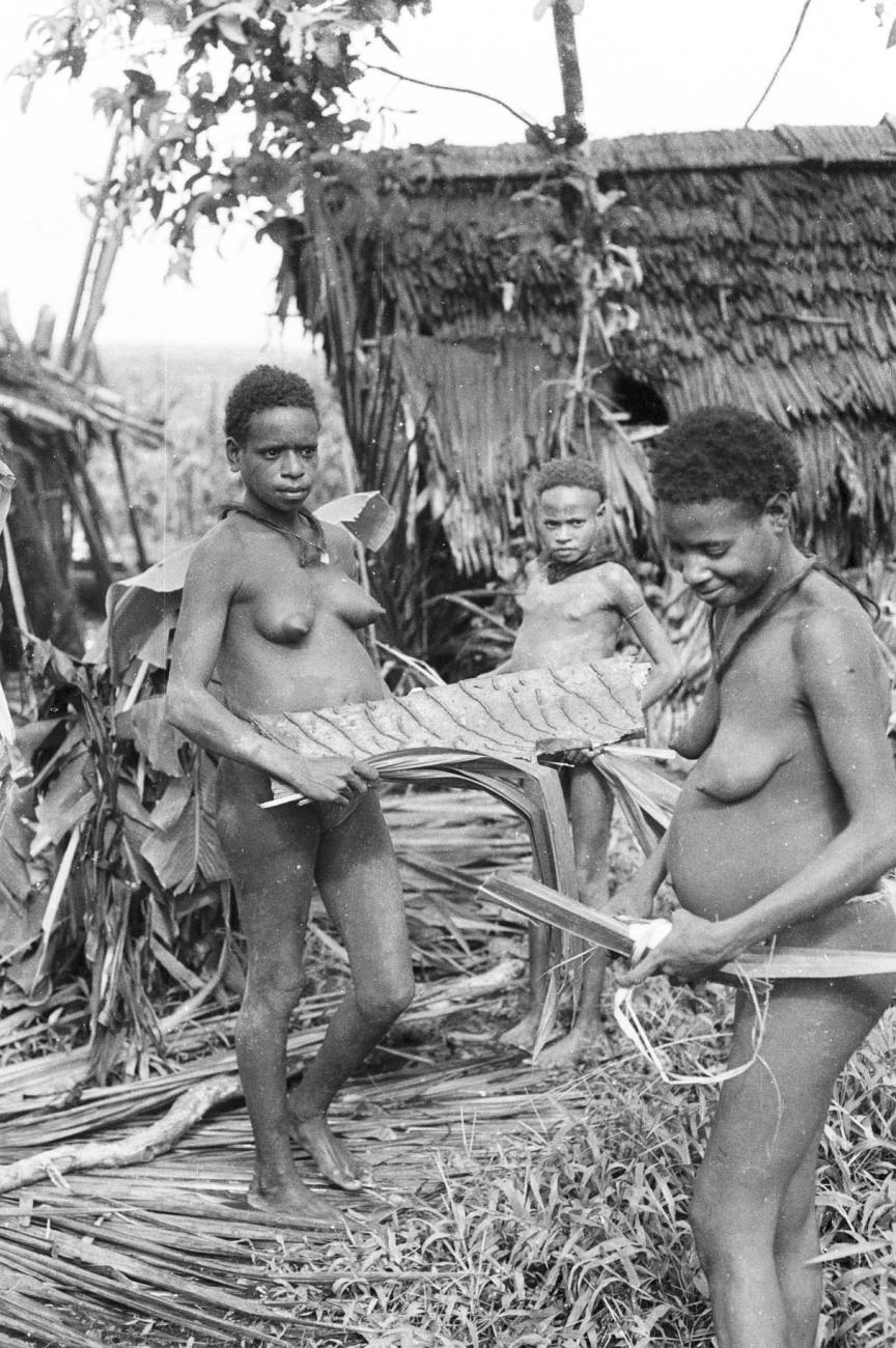 BD/133/294 - 
Tocht Merauke-Kepi-Cook: Vrouwen bezig met bananenbladeren
