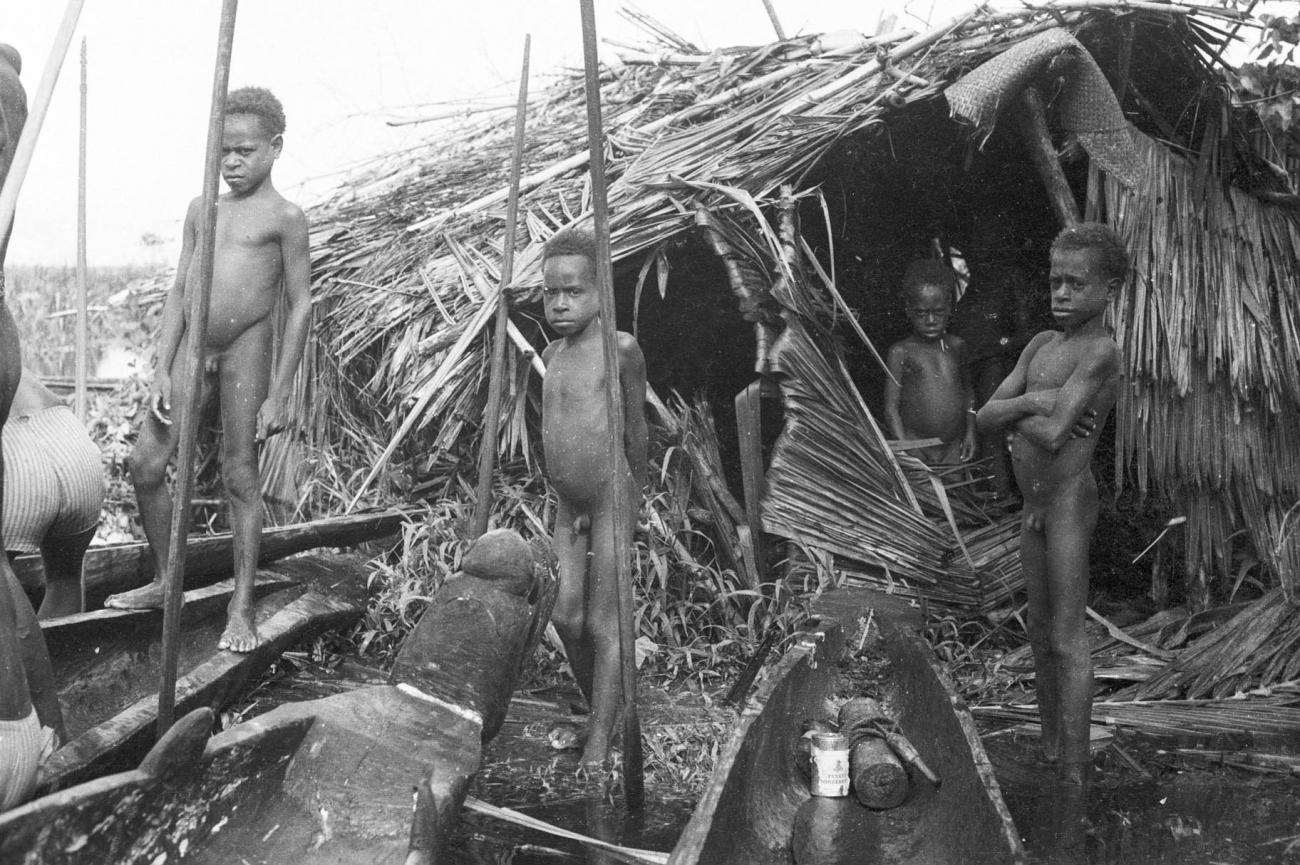 BD/133/300 - 
Tocht Merauke-Kepi-Cook: Kinderen bij hutje
