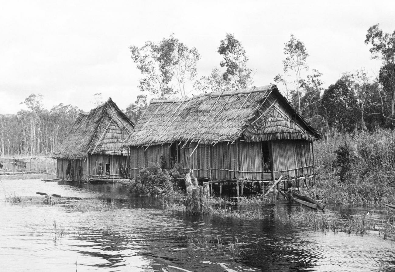 BD/133/316 - 
Tocht Merauke-Kepi-Cook: Hutten aan het water
