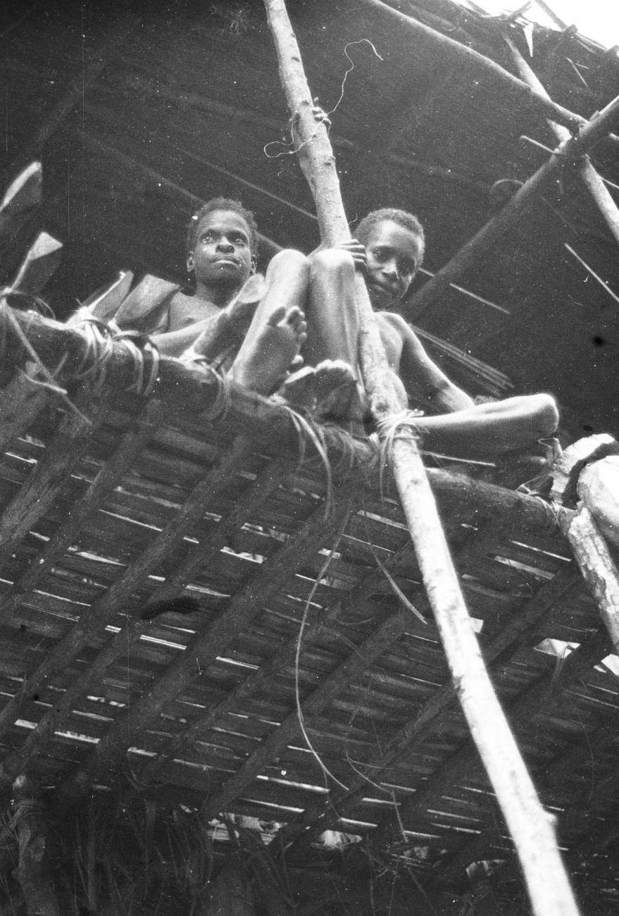 BD/133/327 - 
Tocht Merauke-Kepi-Cook: Kinderen zittende op een verhoging in een hut
