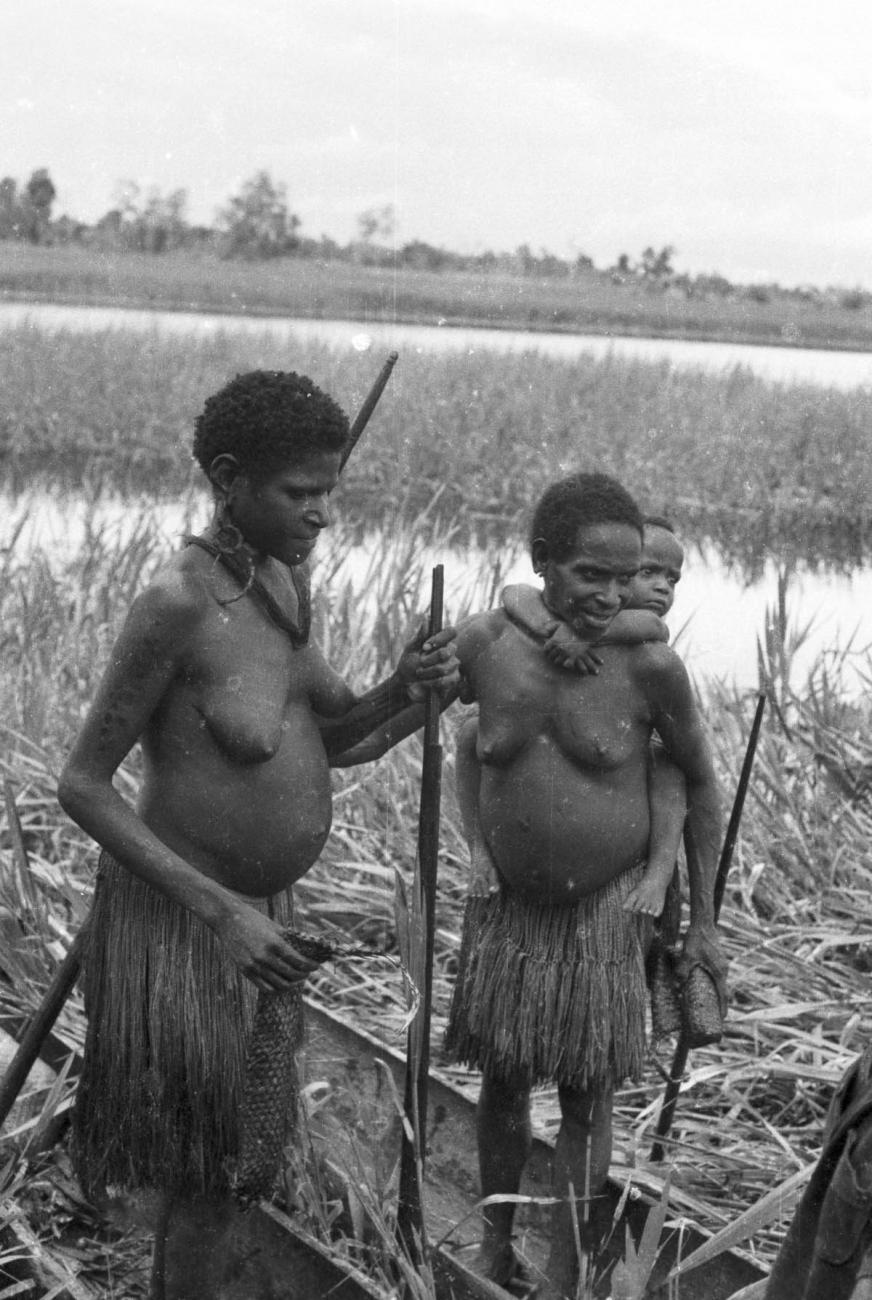 BD/133/438 - 
Tocht Merauke-Kepi-Cookrivier vv: Vrouwen met kind op rug in het riet
