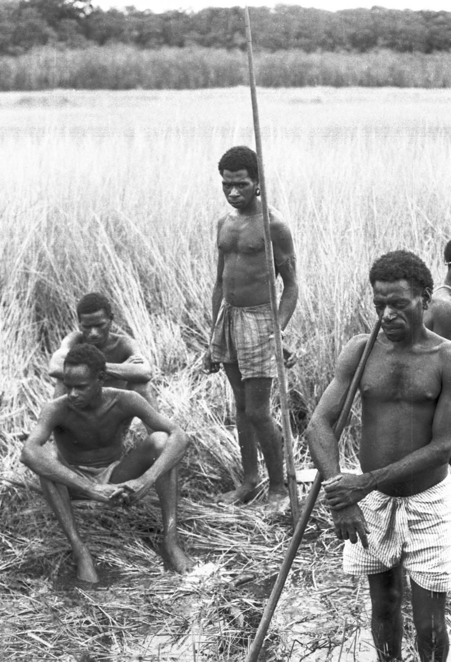 BD/133/651 - 
Portret van Papoea-mannen, staand en zittend in het riet op de rivieroever
