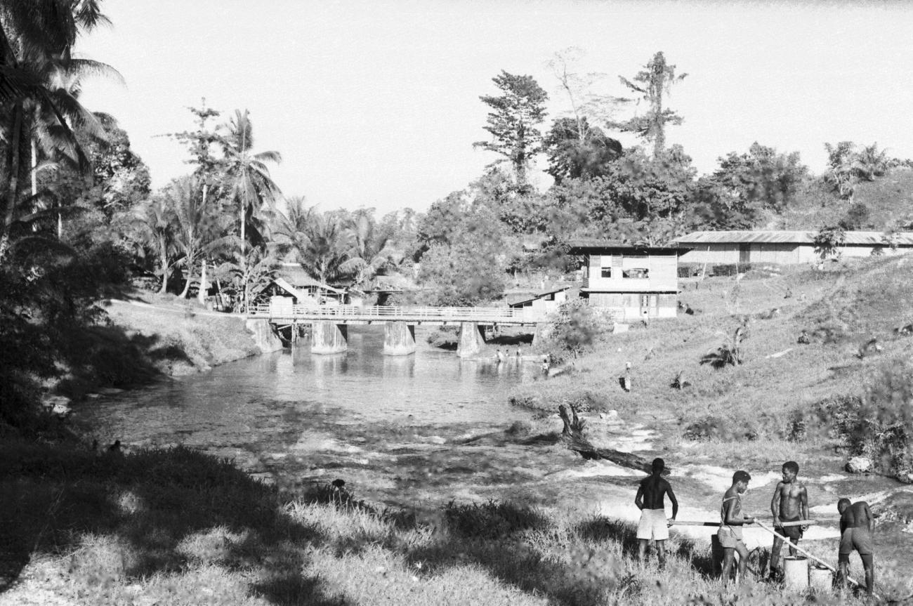 BD/133/677 - 
Zicht op nederzetting aan de rivier met brug, Papoea&#039;s op de voorgrond
