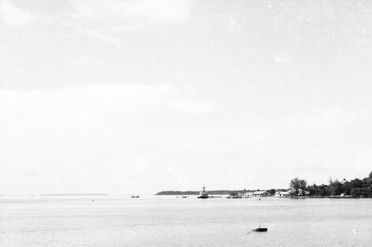 BD/133/687 - 
Panorama van zeekust of rivieroever met nederzetting en aangemeerd schip
