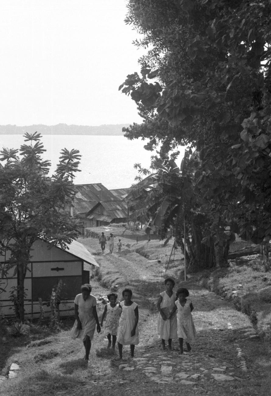 BD/133/703 - 
Nederzetting aan de kust, moderne huizen, vrouwen en meisjes wandelend over straat
