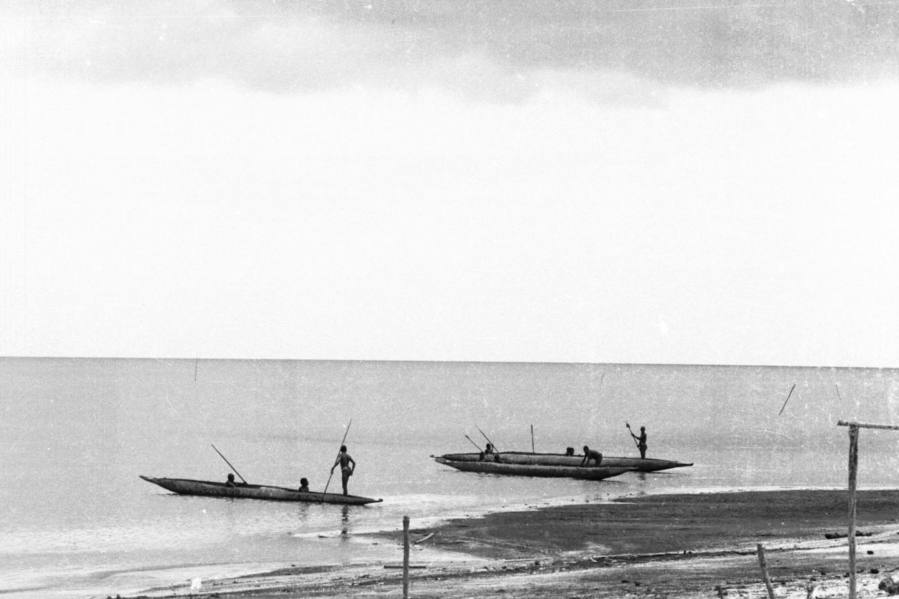 BD/133/979 - 
Prauwen met Papoea&#039;s (Asmat) vlakbj de kust
