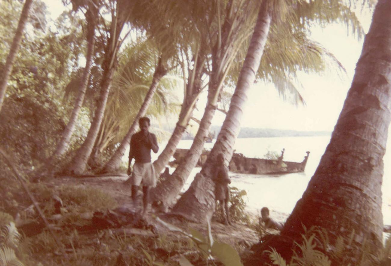 BD/277/49 - 
Man en twee kinderen tussen de bomen bij de kust
