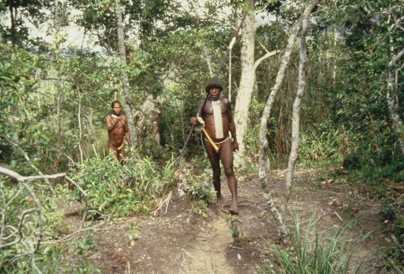BD/285/59 - 
Mannen op jacht in het bos met een speer
