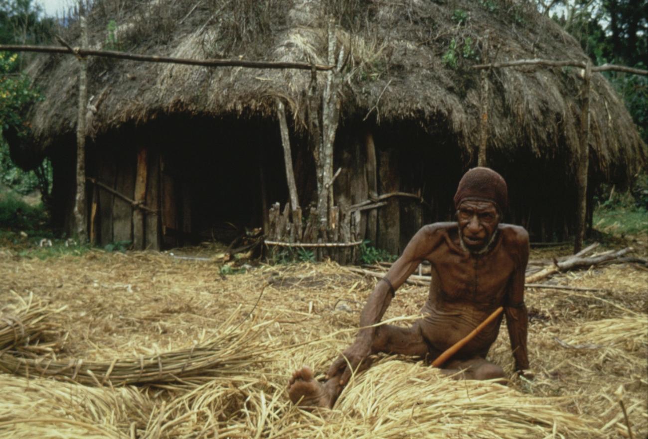 BD/285/64 - 
Oude man zitend op het hooi voor een hut

