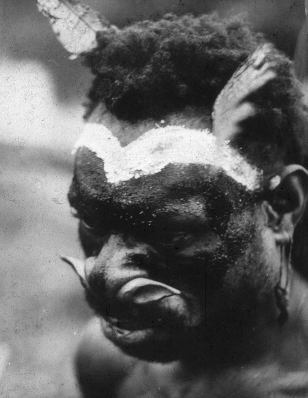 BD/216/71 - 
Man uit Asmat met gezichtbeschildering, neusversiering en veren
