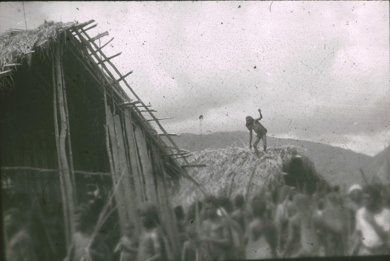 BD/248/141 - 
Papoea staande bovenop een hut
