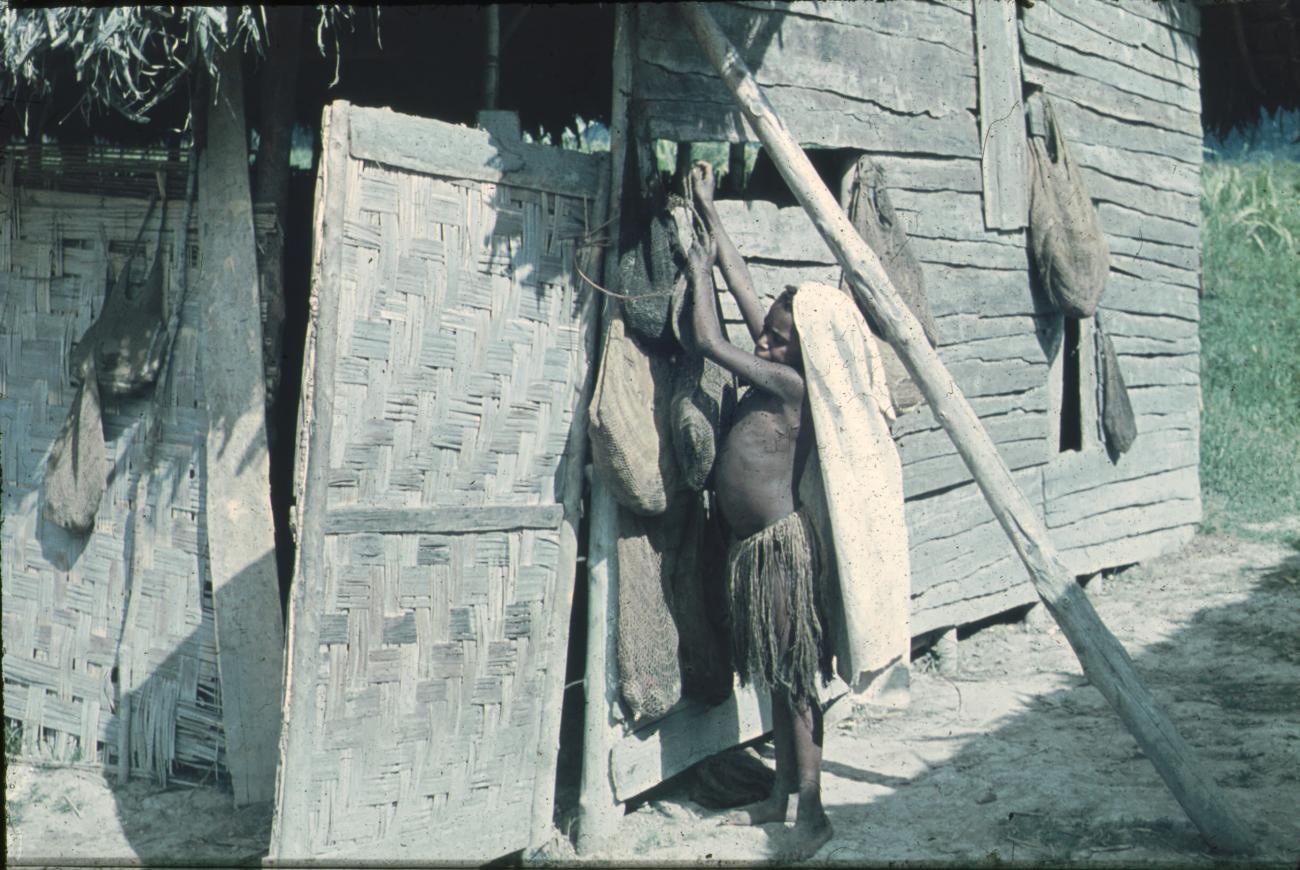 BD/248/33 - 
Ekari-vrouw hangt draagtas op aan een hut
