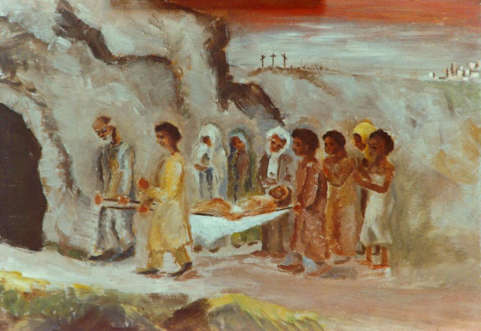 BD/269/14 - 
Kruisweg-staties: Jezus wordt in het graf gelegd. Reproductie. Maker onbekend.
