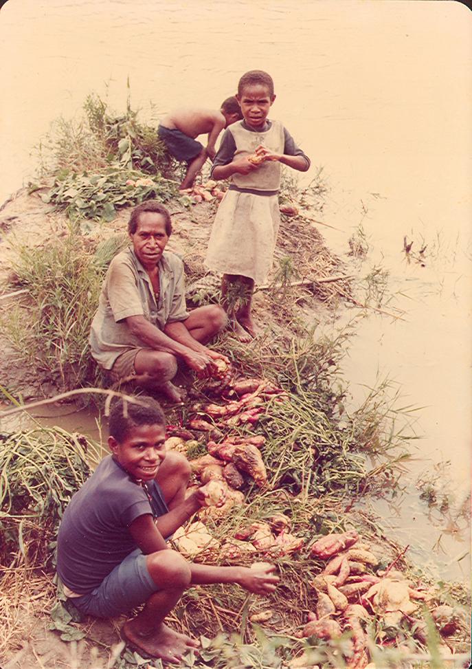 BD/269/159 - 
Papoea&#039;s wassen zoete aardappels in de rivier
