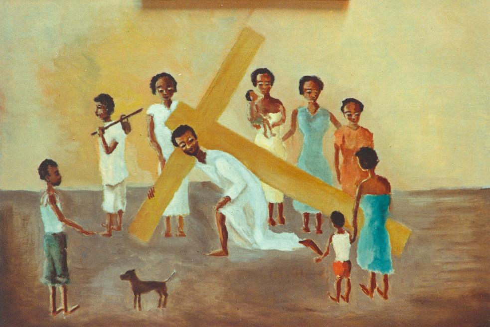 BD/269/3 - 
Kruisweg-staties: Jezus valt voor de eerste maal onder het kruis. Reproductie. Maker onbekend.

