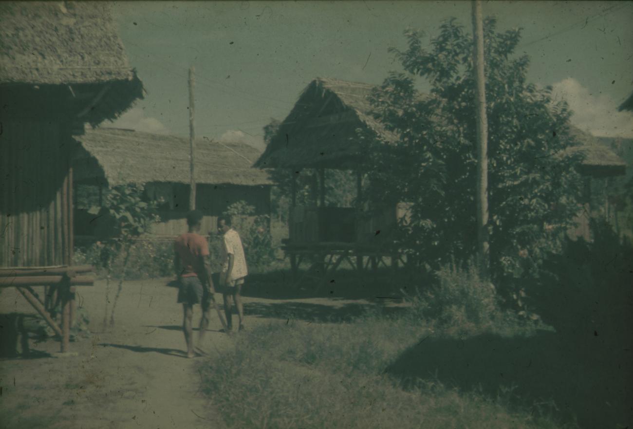 BD/309/292 - 
Twee mannen lopen op straat met traditionele paalwoningen in Ransiki
