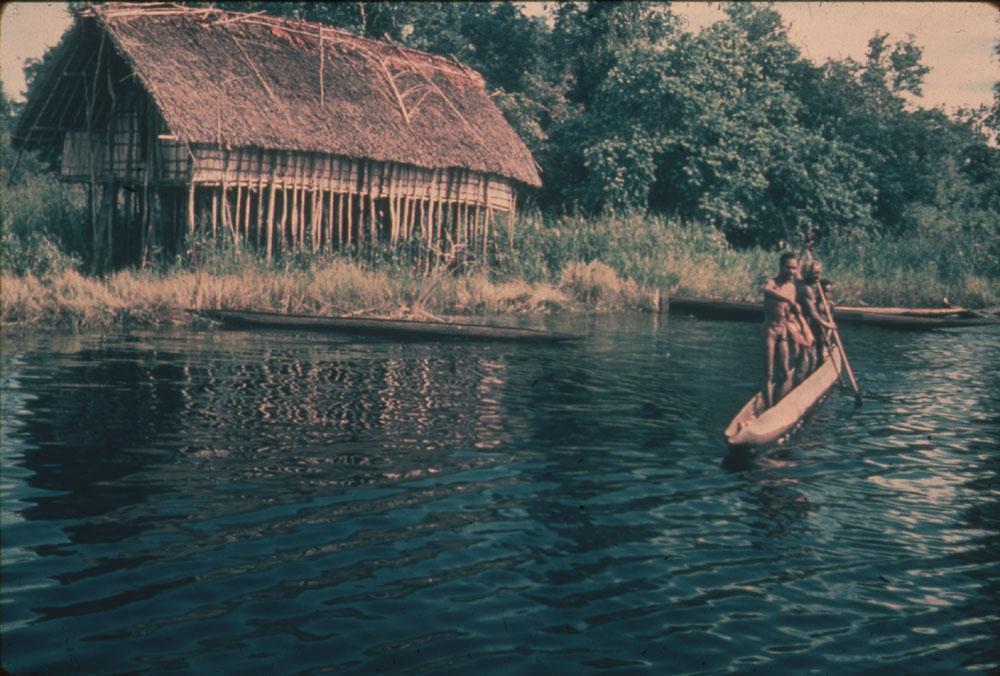 BD/30/1 - 
Asmat men sailing on the river in a prow in front of a stilt house on the shore
