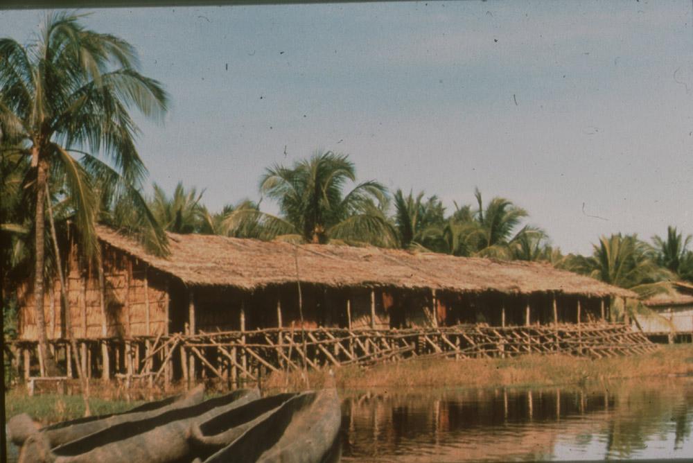 BD/30/98 - 
Prauwen liggen in water voor grote paalwoning in dorp omringd door palmbomen
