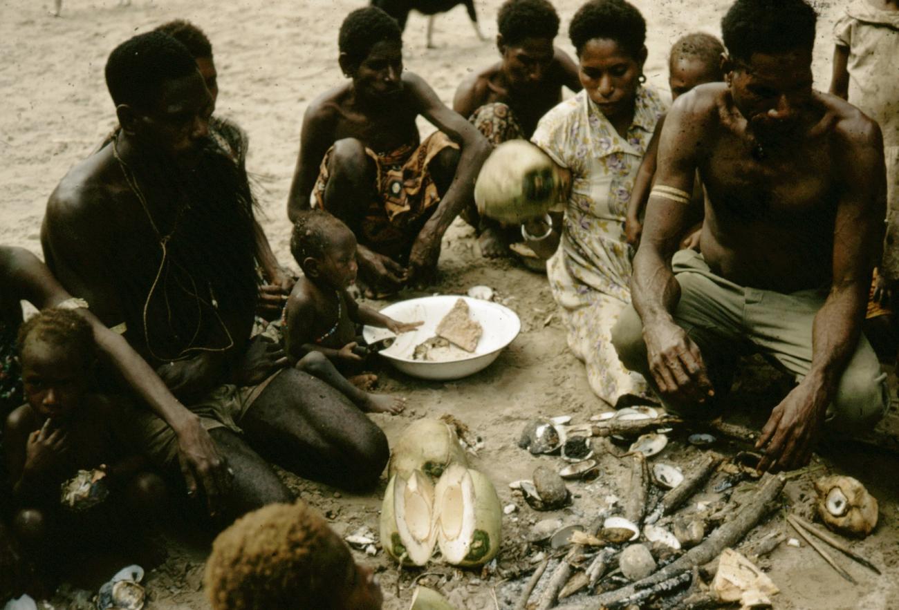 BD/66/131 - 
Gezinnen op het strand nuttigen schelpdieren en kokosnoten
