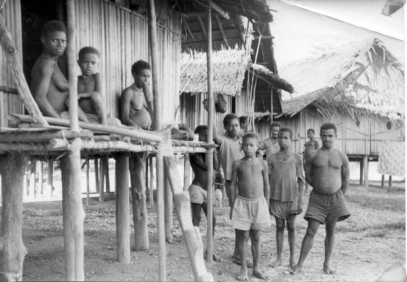 BD/66/325 - 
Bewoners van dorp in Zuid Nieuw Guinea
