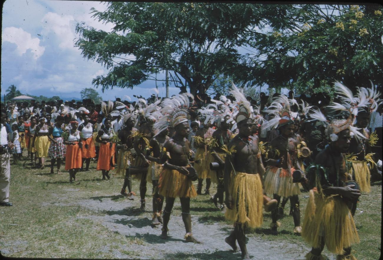 BD/171/124 - 
Festiviteit, papoea&#039;s in traditionele kleding.
