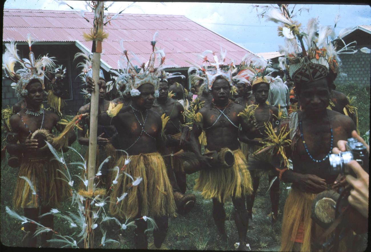 BD/171/127 - 
Festiviteit, papoea&#039;s in traditionele kleding.
