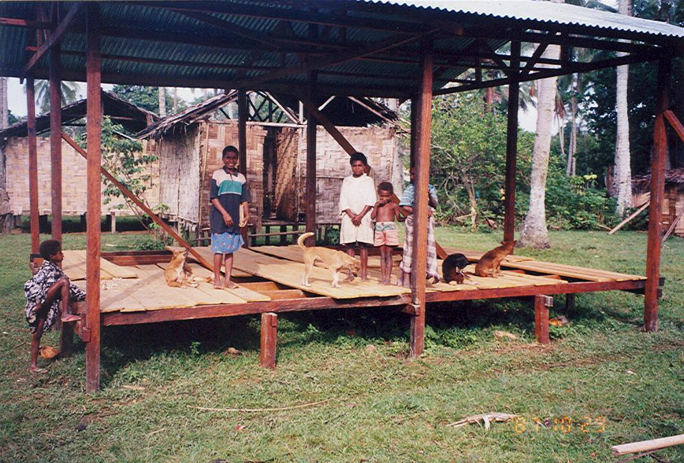 BD/269/702 - 
Raamwerk van een bouwwerk met wat Papoa kinderen

