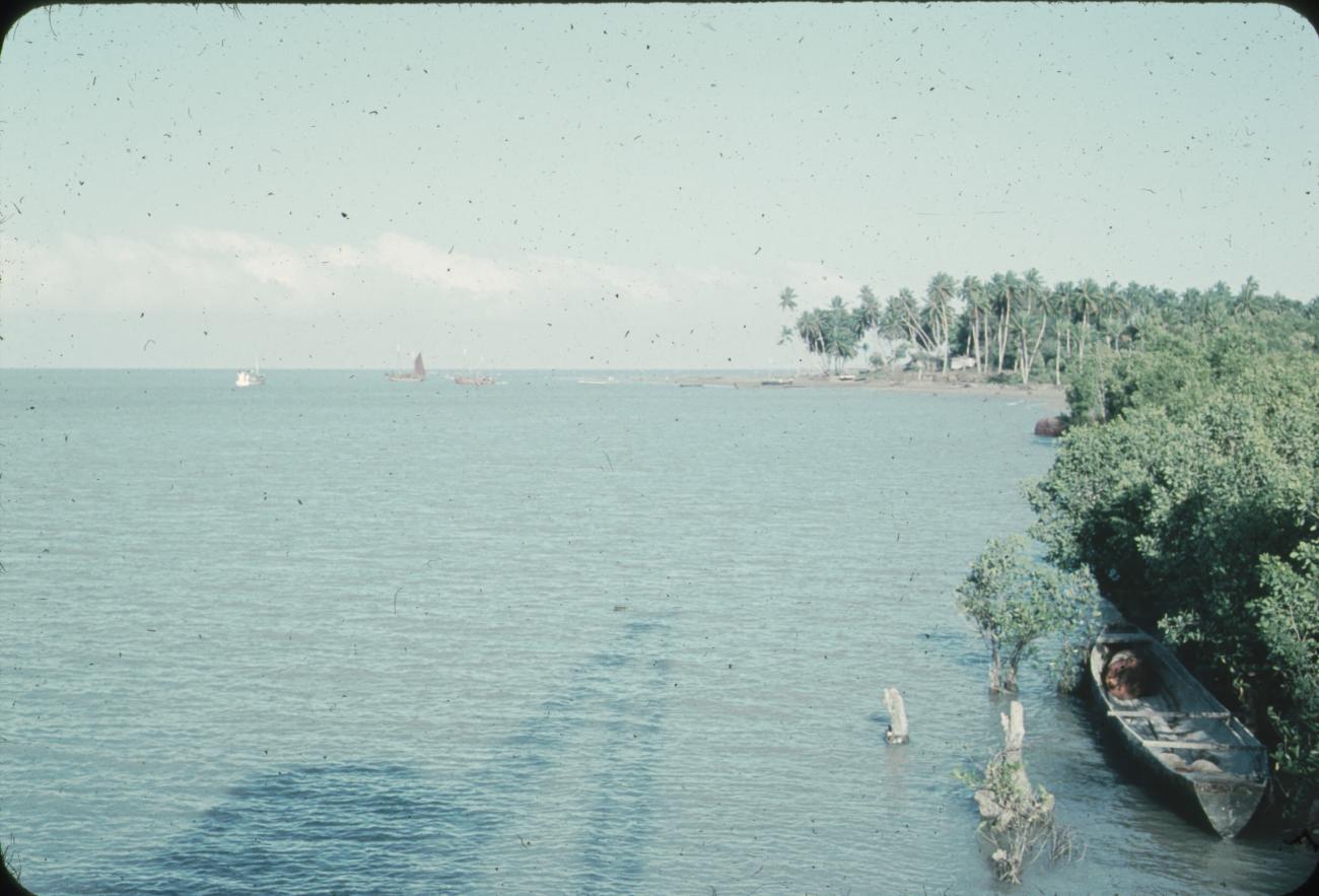 BD/171/1581 - 
Foto kustlijn met gemeerde prauw.
