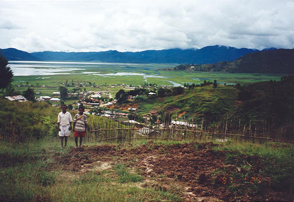 BD/269/1041 - 
Twee jongens op een heuvel met uitzicht over een dorp
