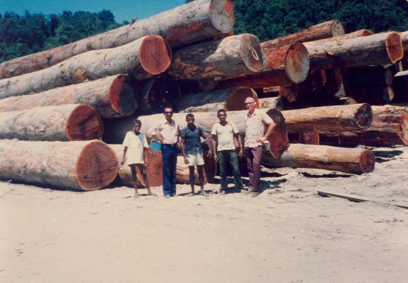 BD/269/1121 - 
Henk Blom met mensen voor boomstammen
