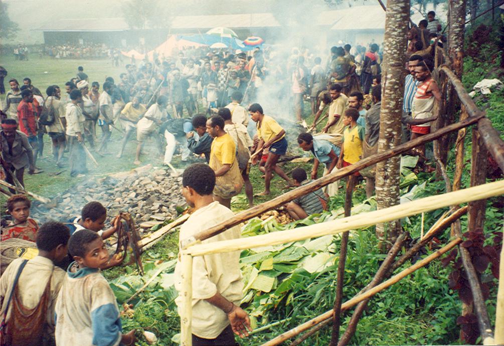 BD/269/856 - 
Grote groep Papoeas bezig met lijkt op vuurtje stoken maar is eten bereiden
