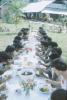 BD/171/359 Grote groep meisjes aan een feestelijk gedekte tafel vol met eten